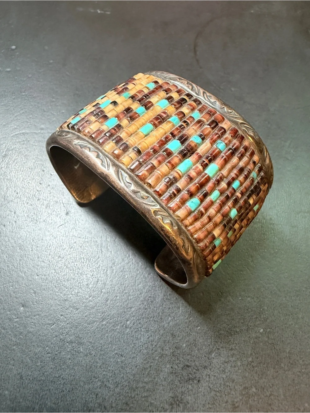 Native American Navajo Sterling Silver Penshell & Turquoise Heshi Cuff Bracelet - Picture 1 of 16